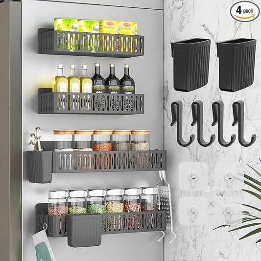 4 Pack Magnetic Spice Rack for Refrigerator, Moveable Magnetic Shelf Fridge Organizer with 4 Hooks and 2 Hanging Cups for Kitchen Organization, Black (Black Large)