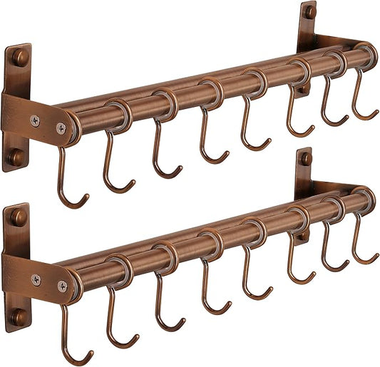Dseap Kitchen Untentil Rail with 8 Hooks,Hanging Rack for Pots and Pans, Plants, Double Bars, Wall Mounted, Antique Copper, Pack of 2