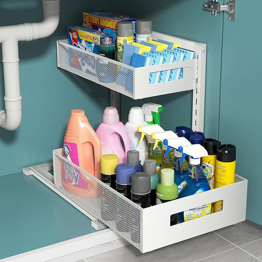 Pull-out Under Kitchen Sink Organizer, Metal Functional Under Sink Organizer, Height Adjustable Under Bathroom Sink Organizer, Under Sink Storage for Kitchen Bathroom Cabinet (White)