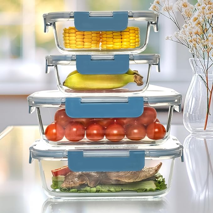 UMEIED 12 PACK Glass Food Storage Containers with Leak Proof Lids, Glass Airtight Meal Prep Containers Set for Lunch, On the Go, Leftover, Kitchen Pantry Organizers and Storage (Grey Blue)