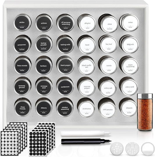 BOURBON & BARREL Wooden Spice Rack Organizer with Glass Jars | Stainless Steel Lids | Bamboo Countertop Spice Organization | 350 Waterproof Spice Labels | 2 Chalk Markers | 30 4oz Jars [White]