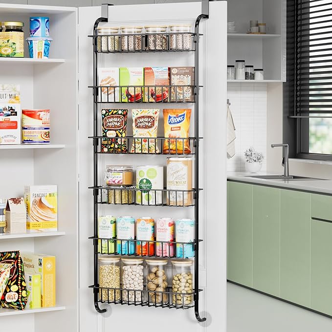 Over the Door Organizer, 6-Tier Kichen Organizer and Storage with Detachable Metal Baskets, Space Saving Hanging Spice Rack Organizer for Kitchen Pantry Bathroom Bedroom