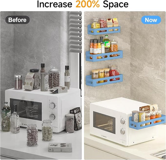 4 Pack Magnetic Spice Rack for Refrigerator, Spice Rack Organizer, Moveable Magnetic Shelf Fridge Organizer with 4 Hooks for Kitchen and Oven Organization, Blue