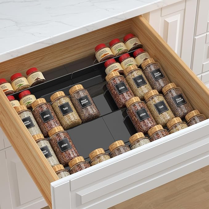 Spice Drawer Organizer Black (Jars Not Included) - 5 Tier Acrylic Seasoning Drawer Organizer - Kitchen Spice Rack for Drawer, Cabinet, Countertop - Expandable From 9'' to17.5 In''