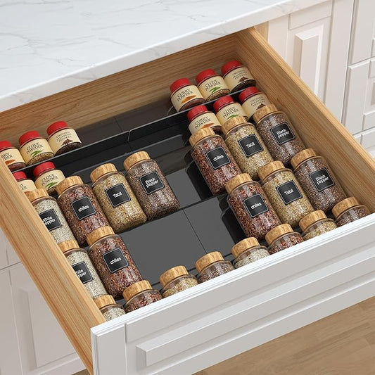 Spice Drawer Organizer Black (Jars Not Included) - 5 Tier Acrylic Seasoning Drawer Organizer - Kitchen Spice Rack for Drawer, Cabinet, Countertop - Expandable From 9'' to17.5 In''