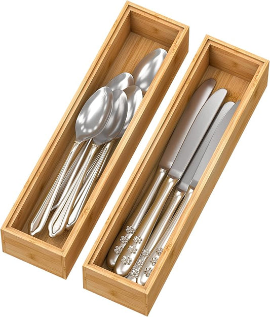 Bamboo Drawer Organizer Storage Box Kitchen - Wood Stackable Tray Set of 2 (12x3x2 inch）