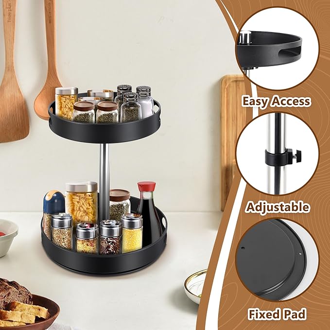 Spice Rack Lazy Susan Organizer, 2 Tier Height Adjustable Rotating Lazy Turntable Organization for Cabinet Kitchen Table Pantry Countertop Refrigerator Cupboard Storage(Black, 12 inch)