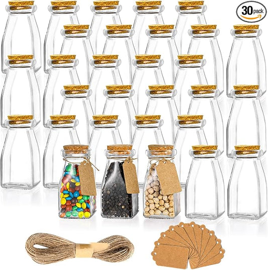 yarlung 30 Pack Glass Favor Jars with Cork Lids for Mother's Day Gift, 4 OZ Clear Small Candy Jars Set Square Decorative Bottles for Wedding, Baby Shower, Party Favor, Brown Labels and Strings