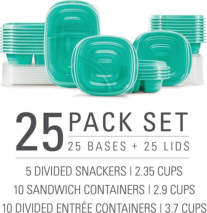 Rubbermaid 50-Piece Food Storage Containers Set with Lids, Teal Splash – Perfect for Lunch, Meal Prep, Leftovers & More – Top Rack Dishwasher Safe, BPA-Free Plastic