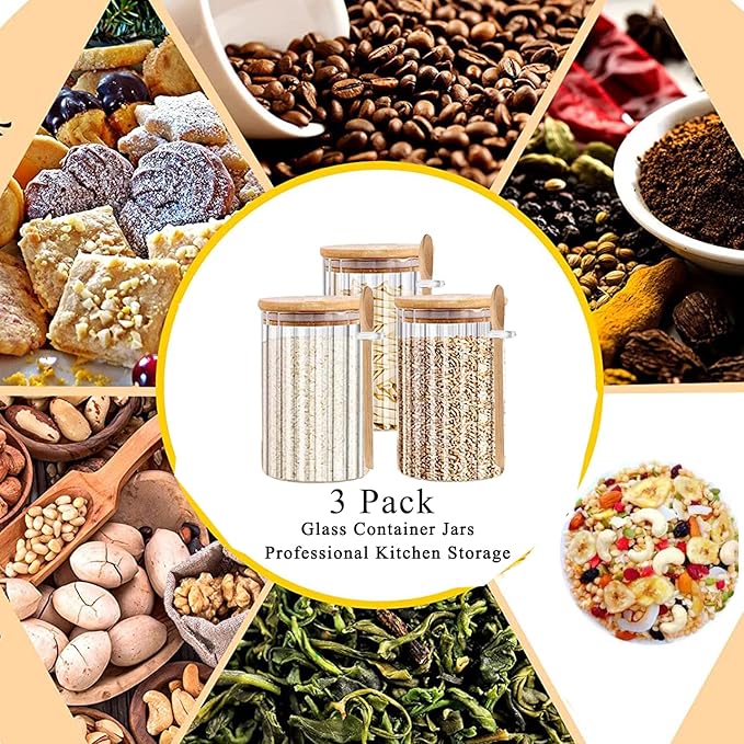 25 FL OZ Large Airtight Glass Jars with Bamboo Spoons Lids Overnight Oats Container Decorative Coffee Bar Food Storage Jar Cereal Nuts Salts Coffee Tea Flour Sugar Container Spice Jars