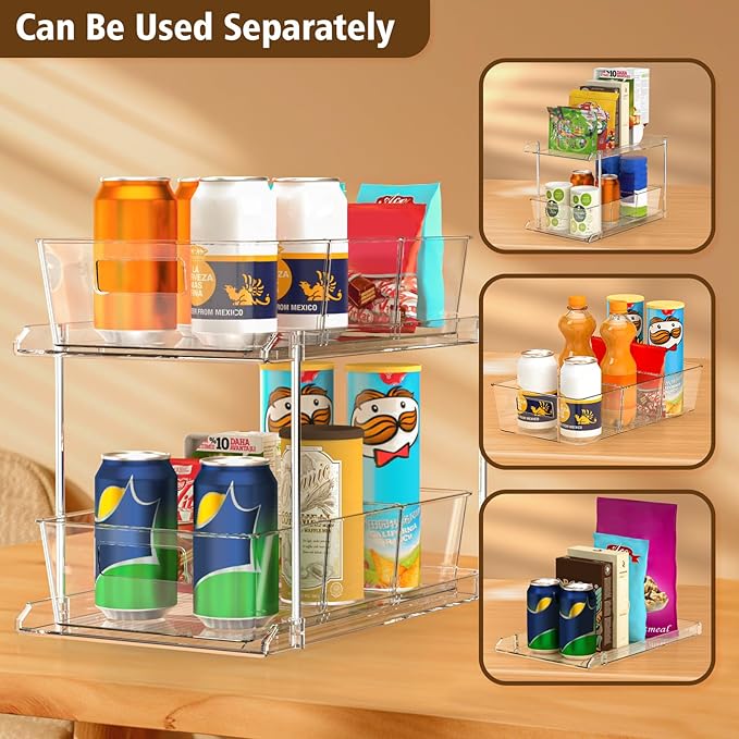 Pull-out Home Organizer, 2 Pack 2 Tier Clear Bathroom Organizer with Dividers, Multipurpose Vanity Counter Tray, Kitchen, Closet Organizers, Cabinet & Storage Container Bins