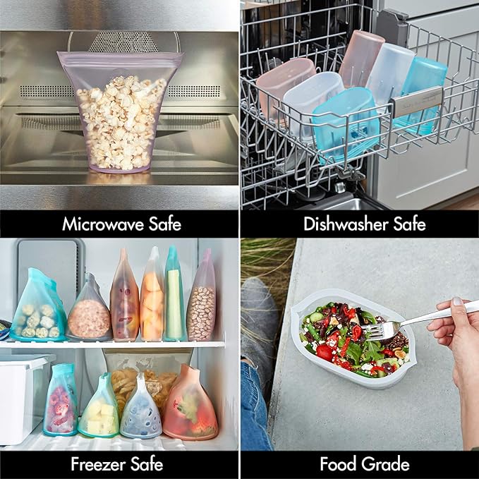 Zip Top Reusable Food Storage Bags | Large Dish [Gray] | Silicone Meal Prep Container | Microwave, Dishwasher and Freezer Safe | Made in the USA