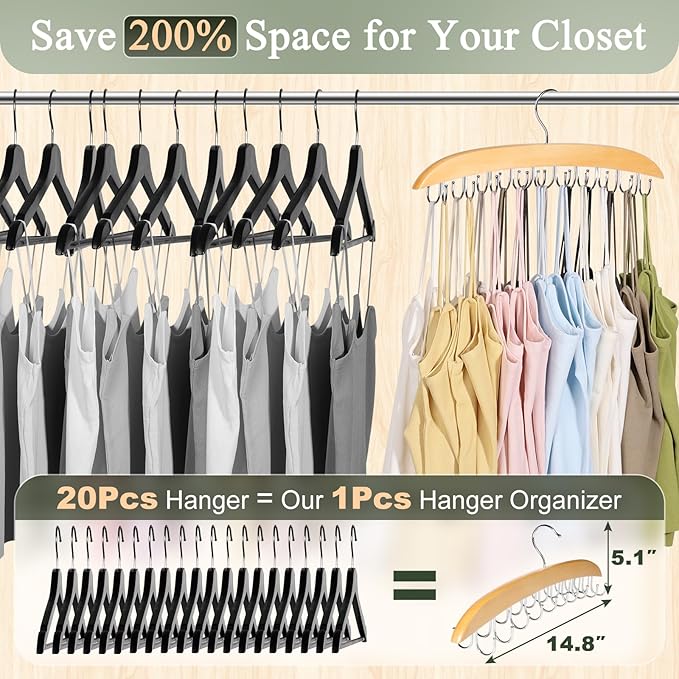 2 Pack Bra Hangers for Closet Organizer, Bra Organizer with 40 Stainless Steel Hooks, Wooden Tank Top Hanger, Closet Organizers and Storage for Bras Camis Belts Ties, Natural