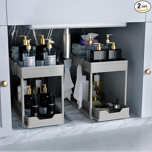 Under Sink Organizer 2 Pack，Bathroom Cabinet Organizer，2 Tier Sliding Cabinet Basket Organizer Drawer, Multi-Purpose Bath Collection Baskets for Bathroom (Grey)