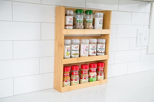 Lipper International Bamboo Wood 3-Tier Spice Rack 8840 - Space Saving 12" x 2.3" Vertical Storage for Spices or Craft Supplies - Attached Ring Hangers, Easy Hand Wash Maintenance