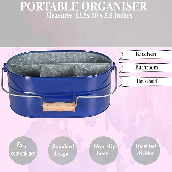 Alpha Living Home 4-Section Galvanized Utensil Caddy – Cobalt Blue Farmhouse Organizer with Removable Handle, 13.5"x10"x5.5" – Versatile Storage for Kitchen, Outdoor & Party Essentials