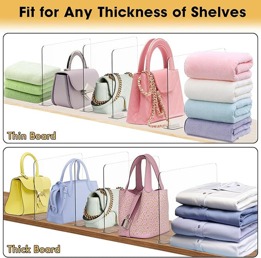 SSAWcasa Acrylic Shelf Dividers, 8 Pack Closet Organization Shelf Organizer for Any Thickness Wood Shelves, Clear Adjustable Purse Bag Sweater Shelving Separator for Bedroom Cabinet Office Storage