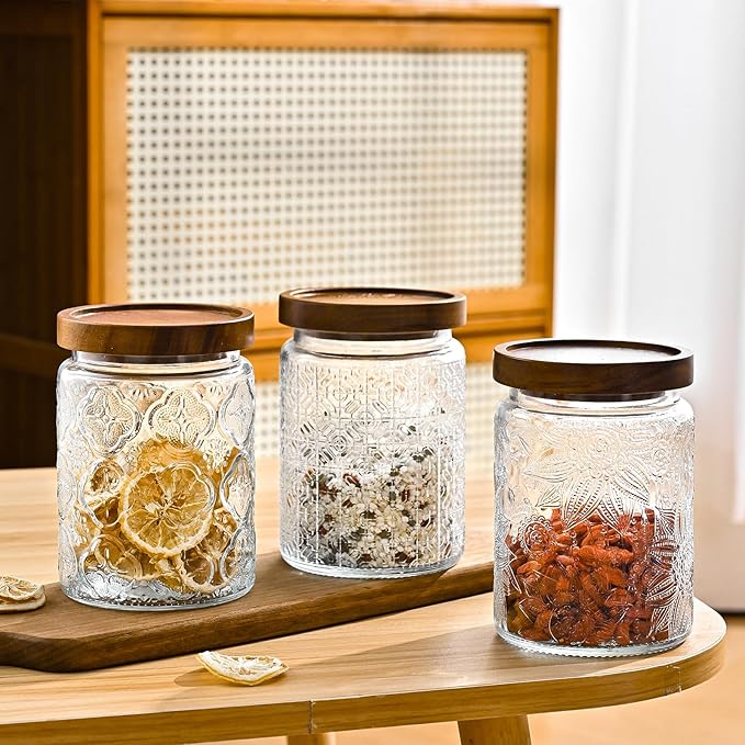3-Pack 25oz Vintage Glass Jar With Lid, Glass Storage Containers, Airtight Kitchen Storage Containers For Sugar, Coffee, Tea, Spice, Flour, Candy Cookie, Pasta, Cereal