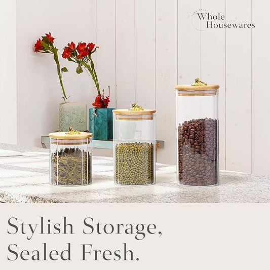 WHOLE HOUSEWARES Glass Storage Jars with Airtight Bamboo Lid and Metal Ring Handle - Set of 3 - Lead-Free High Borosilicate Glass - BPA Free - Dishwasher Safe - Transparent