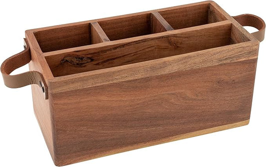 Karma Acacia Silverware Leather Handles Wooden Napkin and Utensil Caddy, One size, Brown