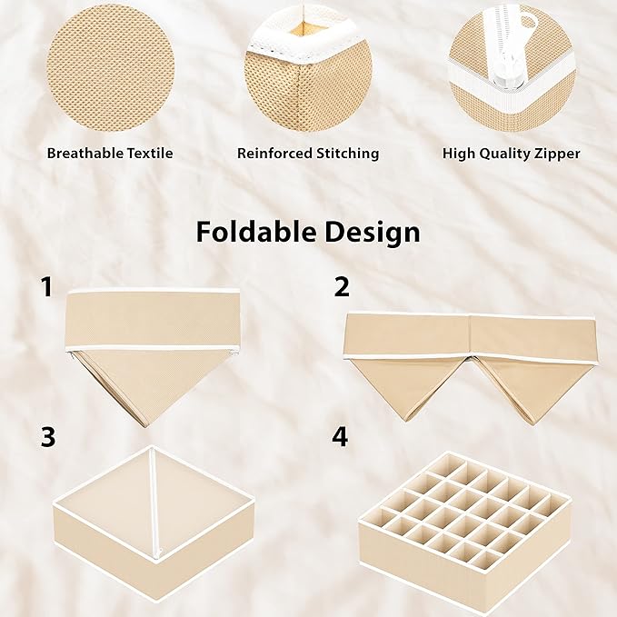 Simple Houseware Sock Drawer Organizer for Dresser/Closet/Bedroom, 3 Pack, Beige