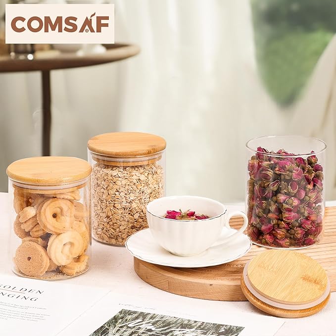 ComSaf 25oz Glass Food Storage Jars Set of 6, Clear Glass Storage Containers with Lids, Pantry Organization Jar, Spice Jar, Blooming Tea, Coffee and Sugar Container, Small Canister Set for Kitchen