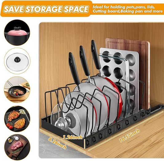 1 Pack Pull Out Pot and Pan Organizer Under Cabinet, Slide Out Pot Lid Organizer with 10 Adjustable Dividers Sliding Pan Holder Storage Rack Inside Cabinet for Kitchen Black