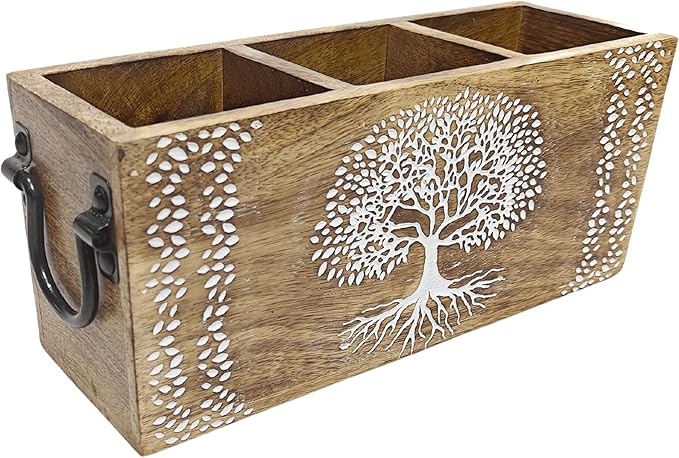 VANIYA CRAFTSR® Handmade Wooden Carved Design Compartments Cutlery Utensil Holder For Napkins, Spoons, Forks, Tissues, Knife Natural finish (Natural White 6)