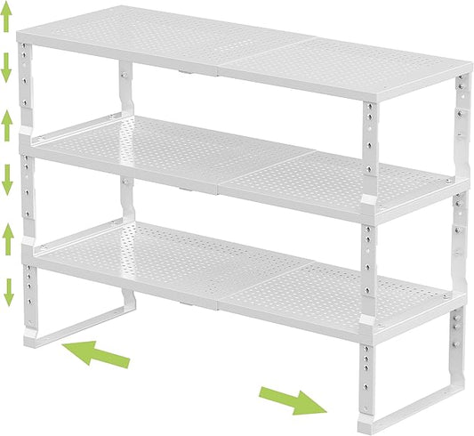 Expandable Adjustable Stackable Kitchen Organizer, Spice Rack,Metal Pantry Storage Shelves Racks,Counter Shelf for Cabinets, Countertop, Cupboard(3 Packs/Medium/White)