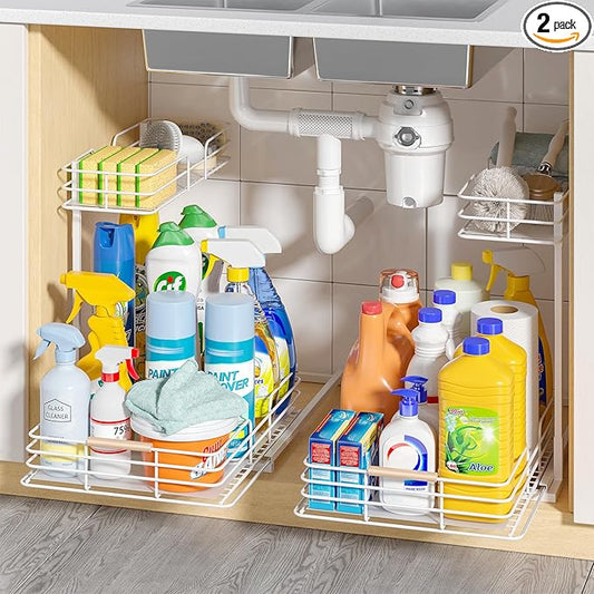 LAMU 2Pack Under Sink Organizers and Storage, 2 Tier Bathroom Kitchen Cabinet Organizers and Storage, Pull Out Under Sink Storage Kitchen Shelf Organizer for Under Counter Storage Organizer, White