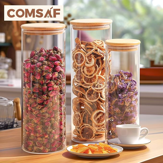 ComSaf Glass Food Storage Jars Set of 6, Tall Glass Storage Containers with Lids, Spaghetti Jar, Canisters Set for the kitchen, Pasta, Flour, Nuts, Oat, Coffee and Sugar Container, Pantry Organization