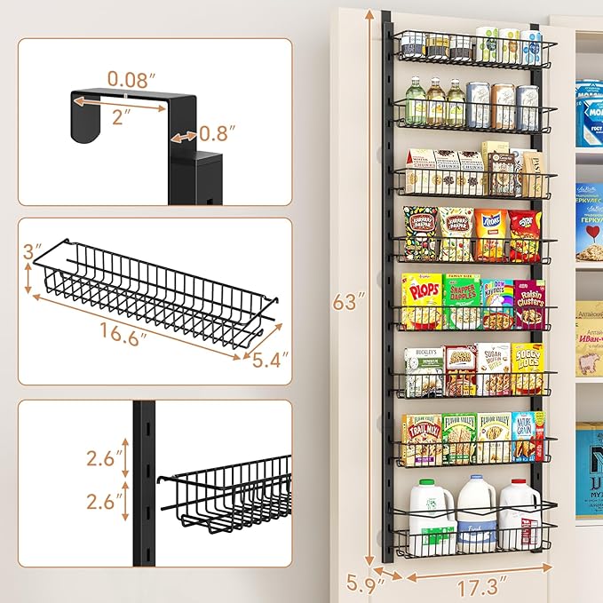 Over the Door Pantry Organizer, 8-Tier Adjustable Spice Rack Cabinet Door Shelves, Hanging Seasoning Organizer for Kitchen Bathroom, Laundry Room Organization, Black