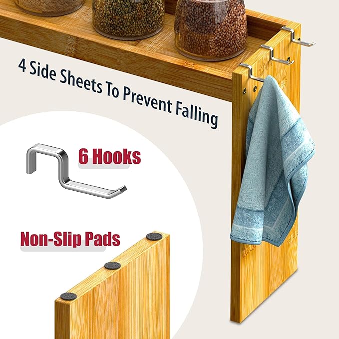 IIIOIIIA Bamboo Over The Stove Spice Shelf for Kitchen Storage, 31.5" Kitchen Spice Rack Organizer Stove Top Shelf with 6 Hooks, 11.4" Height Extra Storage Countertop, Easy to Assemble