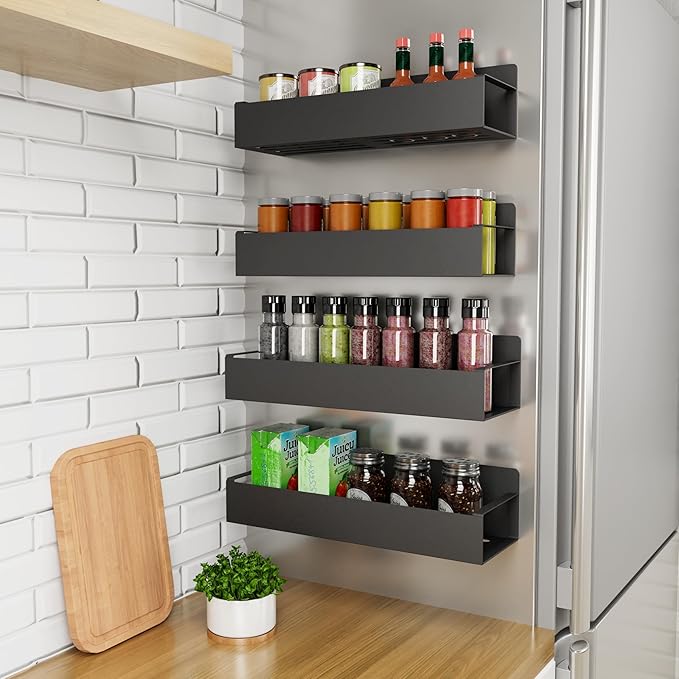 Homaxy Magnetic Spice Rack for Refrigerator，Fridge Organizer for Kitchen Organization and Storage, 4 Pack (Black) Metal Shelf with 8 Moveable Hooks