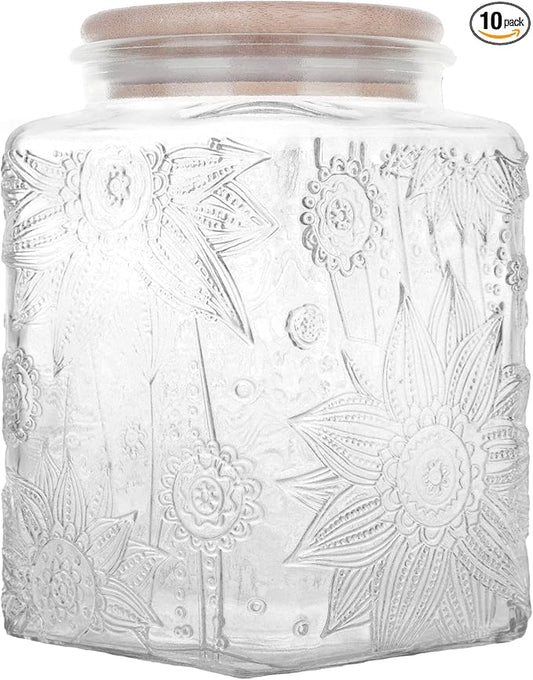 Glass Storage Jars With Airtight Lid, 23.7oz Canister For Kitchen Counter with Bamboo Lid, brown sugar, candy, coffee, cookie, salt, tea,pantry cute Jar (Square Sunflower)