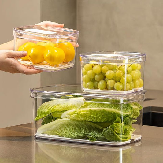 Felli Veggie Keeper Container for Fridge with Air Vent + Drain Tray, SPACIOUS Vegetable Fruit Bin for LONG LARGE Produce Lettuce Cabbage Celery Cucumber Storage for Refrigerator, Keep Fresh Long