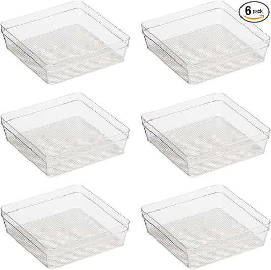 Oggi Clear Drawer Organizer - 6" X 6.25"- Ideal for Organizing Kitchen Drawers, Office, Desk, Silverware, Kitchen Utensils, Cosmetics and Bathrooms - Set of 6