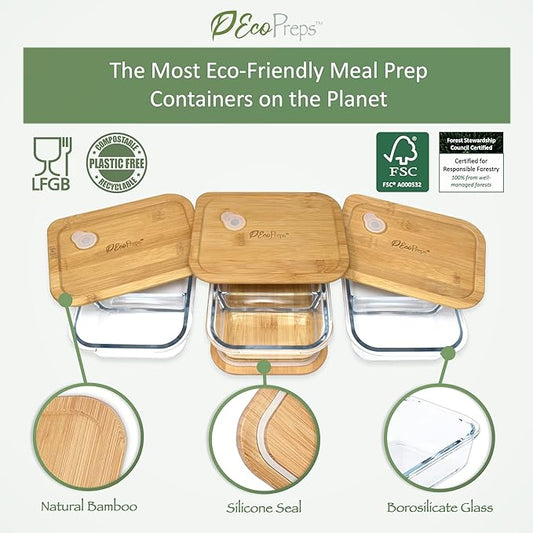 Glass Meal Prep Containers with Bamboo Lids, 2 Compartment Glass Bento Box Container Set (3 Pack) | 100% Plastic Free, Eco-Friendly, Lunch Containers with Lids Made of Bamboo - Set of 3