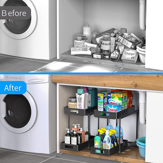Under Sink Organizers and Storage, 2 Pack Large Capacity Heavy Load Double Pull-out Under Sink Shelves with Sliding Drawer for Kitchen and Bathroom, Black
