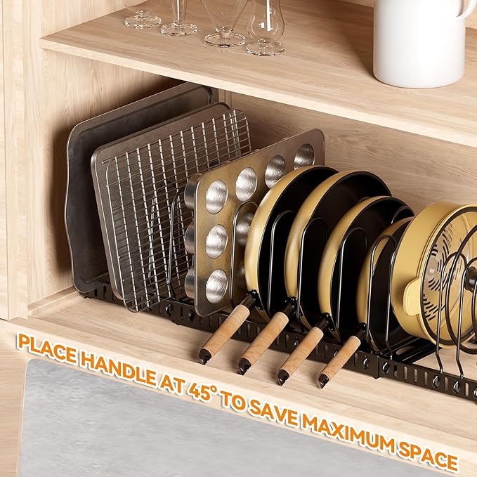 Pot And Pan Organizer Under Cabinet, Expandable Pans and Pots Organizer Rack Pot Lid Holder Shelf with 12 Different Size Dividers (12 Brackets-Black)