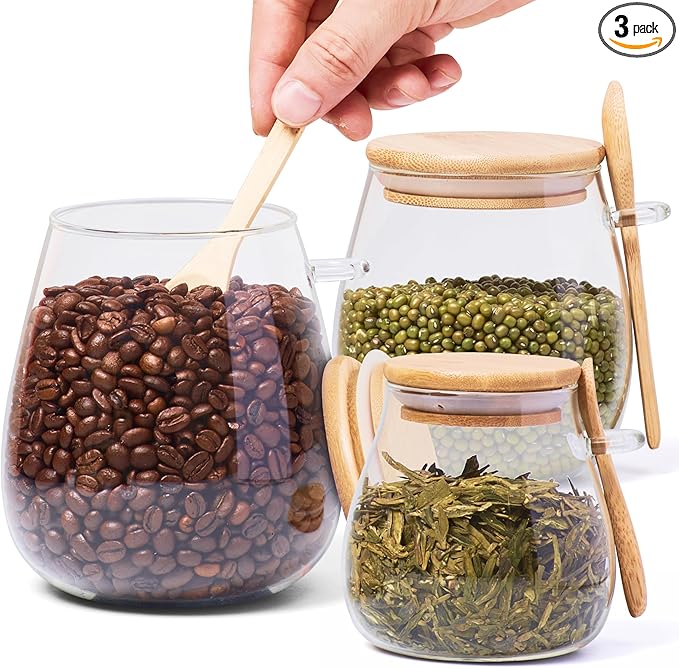 WHOLE HOUSEWARES Glass Jar with Bamboo Lid and Spoon Set of 3-11.83oz, 20.28oz, 33.81oz Capacity - Airtight Food Storage Jars, Apothecary Jars, Cookie Jar - Ideal for Elegant Kitchen Organization