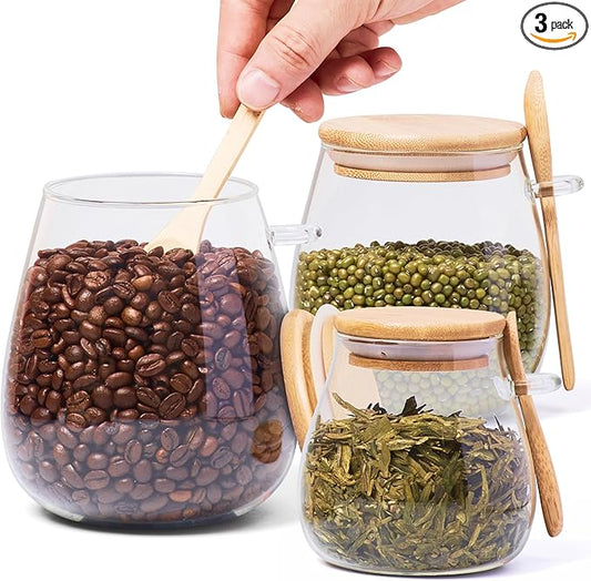 WHOLE HOUSEWARES Glass Jar with Bamboo Lid and Spoon Set of 3-11.83oz, 20.28oz, 33.81oz Capacity - Airtight Food Storage Jars, Apothecary Jars, Cookie Jar - Ideal for Elegant Kitchen Organization