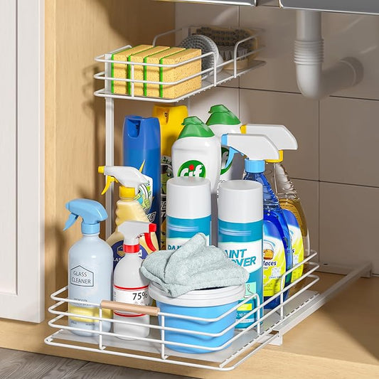 LAMU Under Sink Organizers and Storage, Pull Out Bathroom Kitchen Cabinet Organizers and Storage, 2-Tier White Under Sink Shelf Organizer Under Counter Storage Organizer