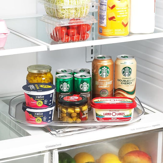 Oizeir Refrigerator Lazy Susan - Clear Rectangular Fridge Organizer - Turntable Tray Lazy Susan for Refrigerator - Cabinet & Pantry Organizer - Smooth 360° Rotating Swivel Spinning Fridge Shelf