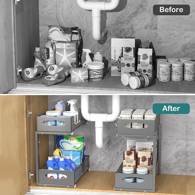 1 Pack Under Sink Organizer, 2 Tier Metal Pull Out Under Sink Storage with Sliding Mesh Drawers, Height Adjustable Slide Out Under Sink Organizer for Kitchen Bathroom Cabinet, Gray