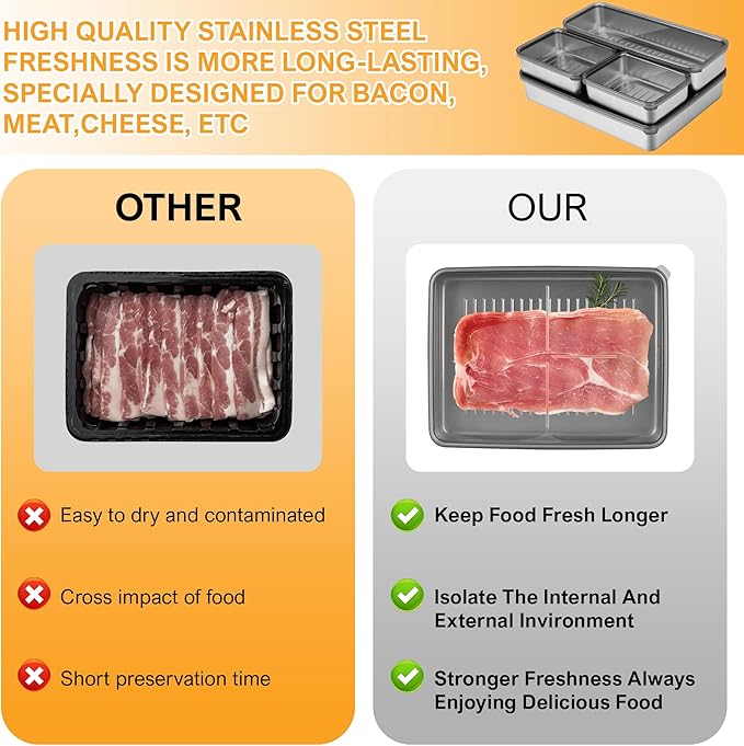 Bacon Container for Refrigerator, Bacon holder for refrigerator,Bacon Storage Container 304 Stainless Steel Sealed Food Storage Container with Clear Lid and Non-Slip Bottom,Deli Containers,4-Box Set