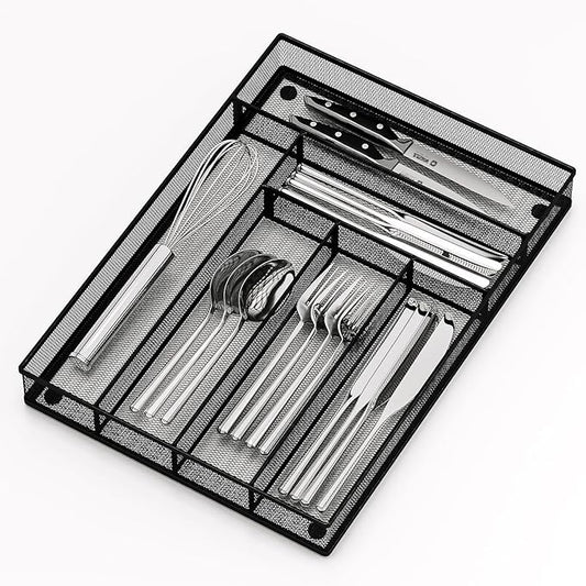 Kitchen Drawer Organizer Flatware Organizer，Drawer Dividers with 6 Compartment，Silverware Organizer Metal Mesh Cutlery Tray Mesh Organizer (11.3" x 16 ")