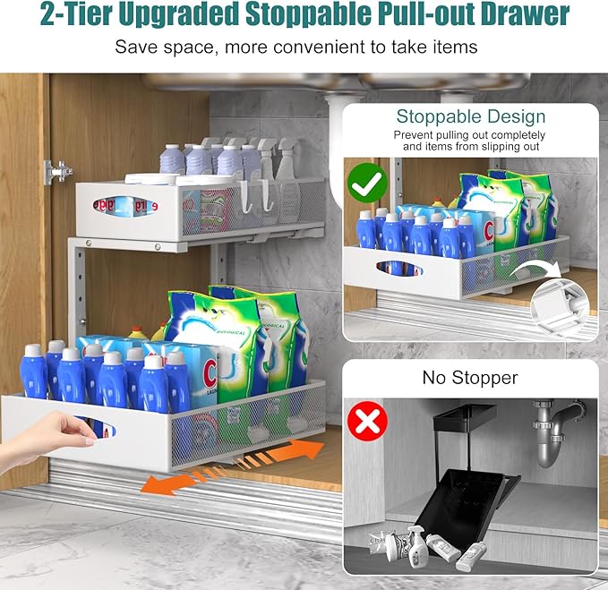 1 Pack Large Under Sink Organizer, 2 Tier Metal Pull Out Under Sink Storage with Sliding Mesh Drawers, Height Adjustable Slide Out Under Cabinet Organizer for Kitchen Bathroom, White