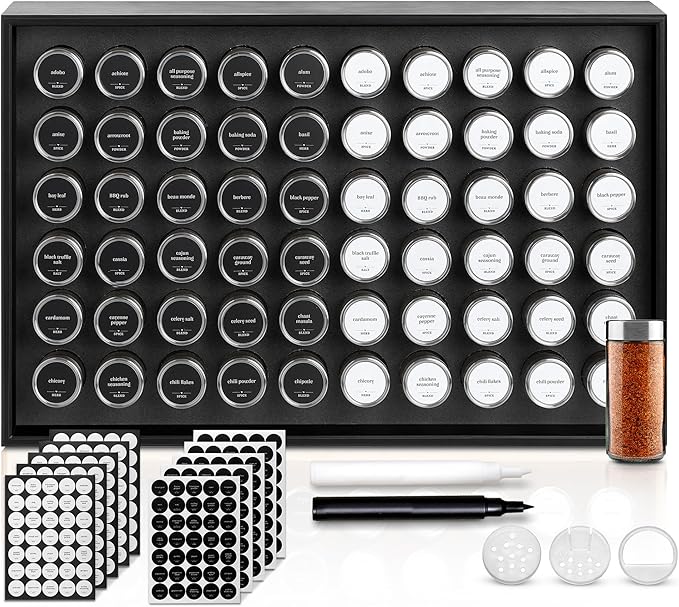 BOURBON & BARREL Wooden Spice Rack Organizer with Glass Jars | Stainless Steel Lids | Bamboo Countertop Spice Organization | 350 Waterproof Spice Labels | 2 Chalk Markers | 60 4oz Jars [Black]