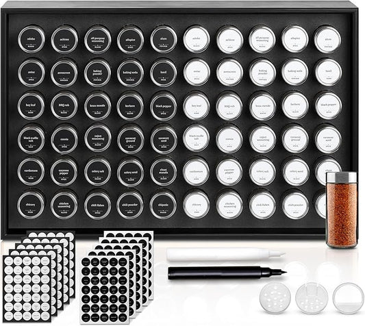 BOURBON & BARREL Wooden Spice Rack Organizer with Glass Jars | Stainless Steel Lids | Bamboo Countertop Spice Organization | 350 Waterproof Spice Labels | 2 Chalk Markers | 60 4oz Jars [Black]